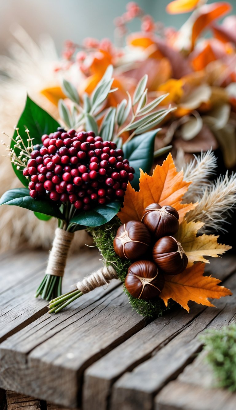Two fall-themed boutonnières made of red berries, chestnuts, and autumn leaves on a wooden surface.